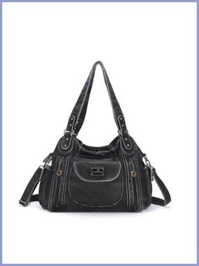 Washed PU Leather Hobo Shoulder Bag Multi-Pocket Satchel Tote Purse